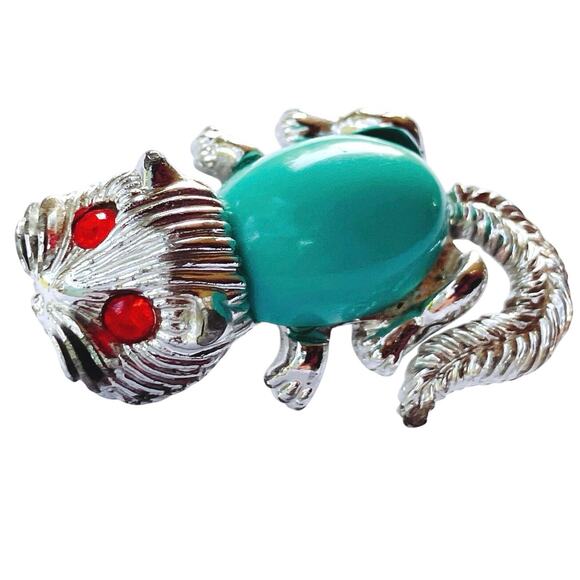 VTG 60s Quirky Cat Brooch Red Eyes Teal Belly Mid Century Figural Shoulder Pin - Picture 5 of 12